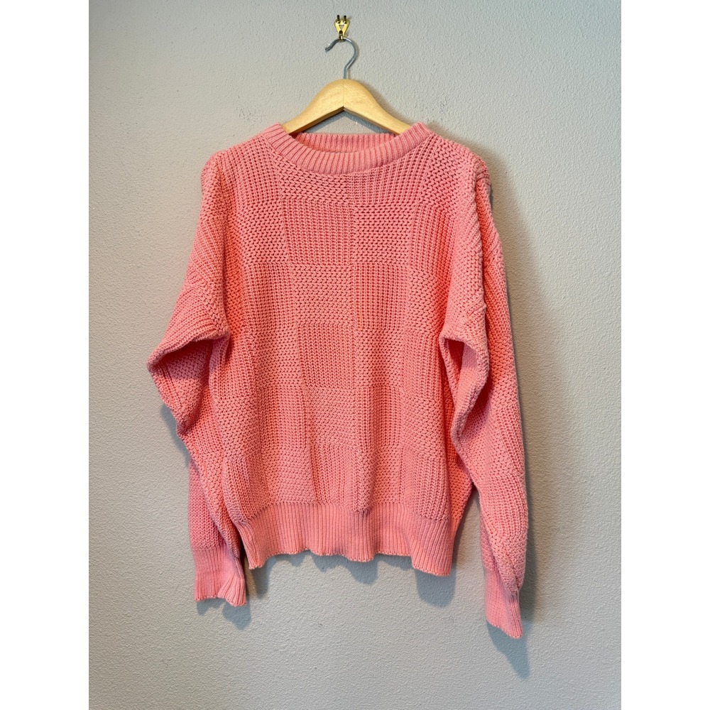 Vintage Sardi Pink Checkerboard Knit Cotton Sweater Made in USA Medium